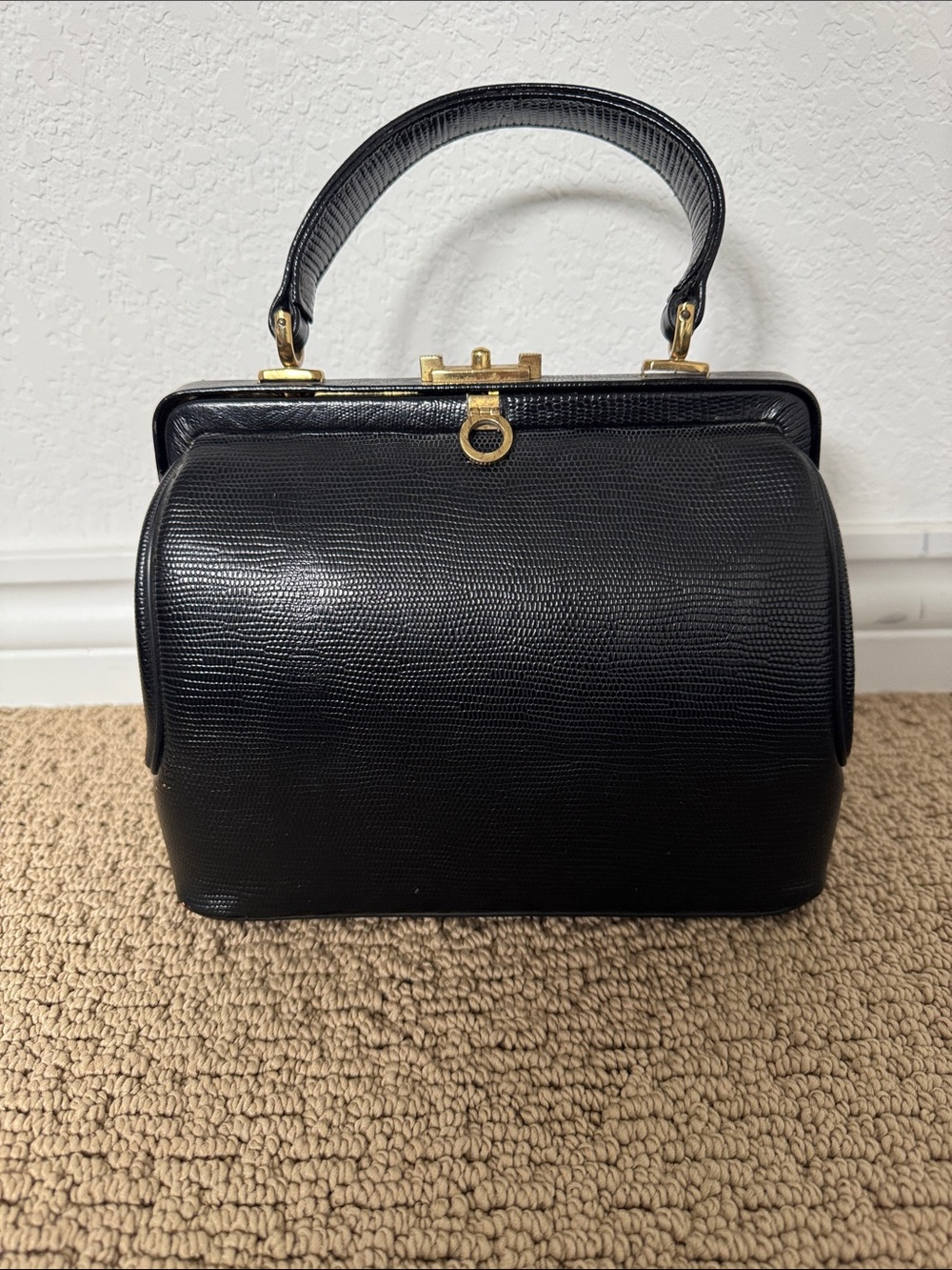 Vintage 50’s Black Leather Structured Top-Handle Women's Bag